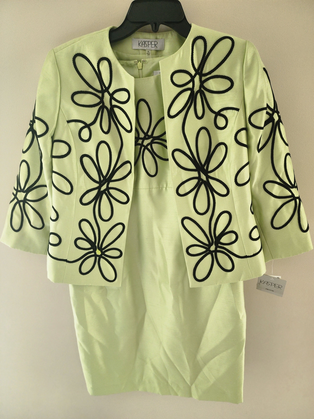 Kasper  Light Lime Dress with Black Floral Embroidered Jacket